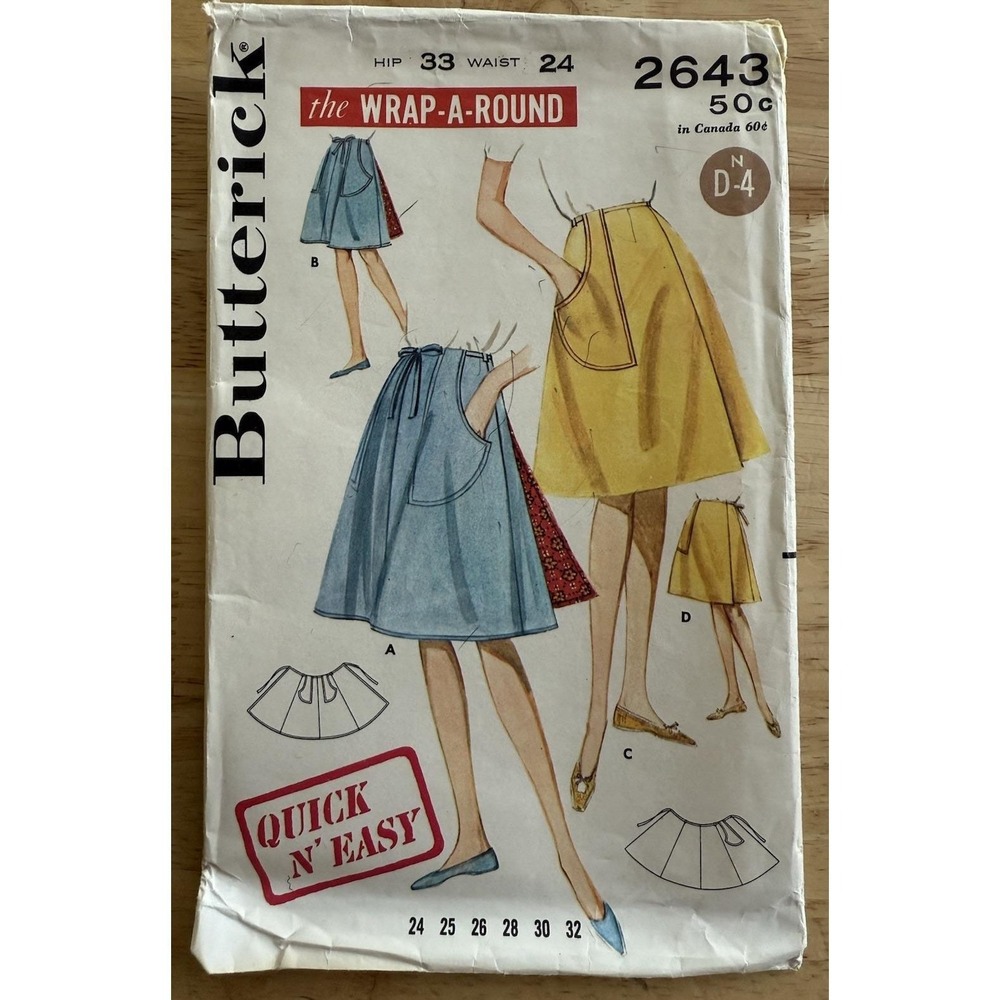 Butterick Pattern 2643 Misses' Quick 'N Easy Skirt Size Waist 24" Hip 33"‎ Cut